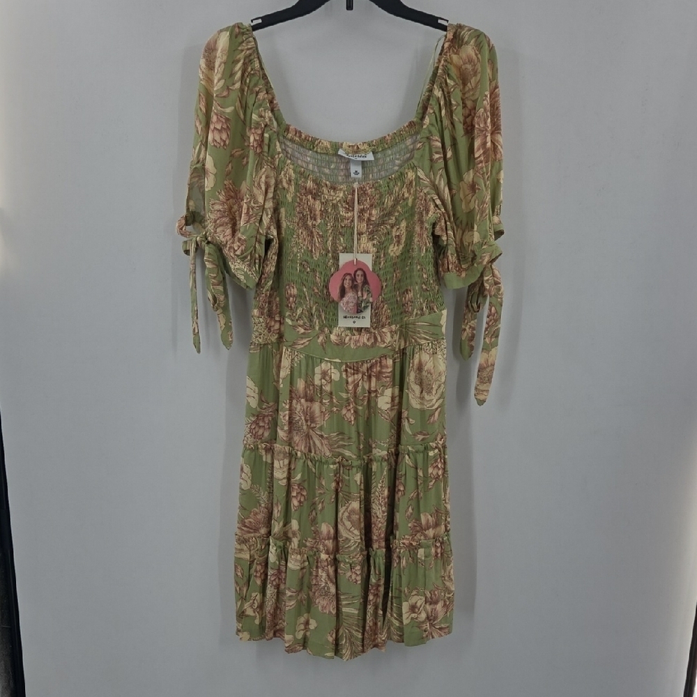 Aguabendita Green and Brown Floral Midi Dress With Pockets NWT